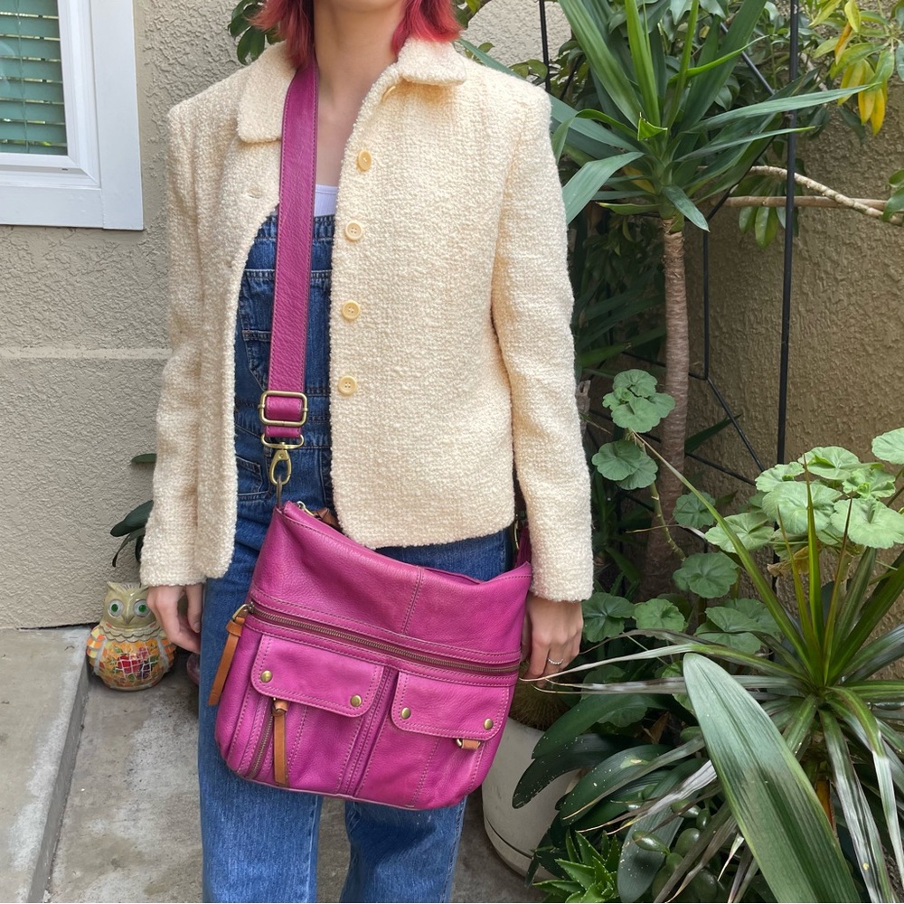 Vintage magenta/brown Fossil pebbled leather crossbody bag